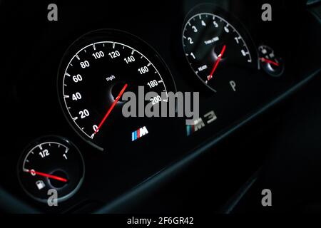The 200 Mph Dashboard Of A 2016 BMW M3 F80 Competition Pack With M3 Logo Stock Photo