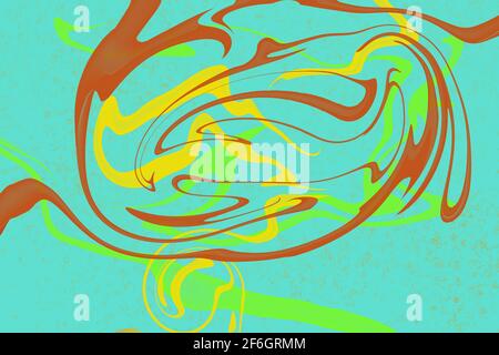 Abstract swirling fluid ribbons of color over a turquoise background. Stock Photo
