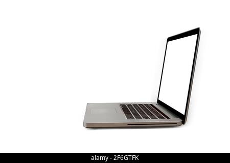 Laptop or notebook with blank white scree isolated on white background. Laptop with empty screen for text or design.  Save with clipping path Stock Photo