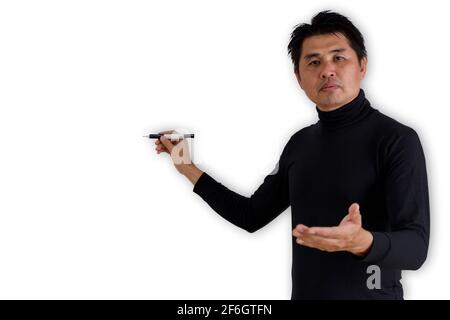 Business man pointing with pen on white background. Teacher, professor in hand hold white board marker isolated on white bakcground Stock Photo