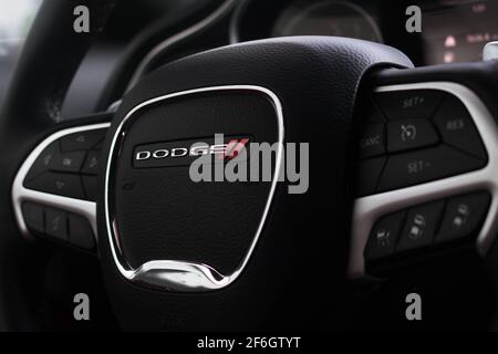 A 2016 Dodge Challenger RT With Aluminum inserts And Black Leather Multi Function Steering Wheel Stock Photo