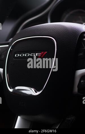 A 2016 Dodge Challenger RT With Aluminum inserts And Black Leather Multi Function Steering Wheel Stock Photo