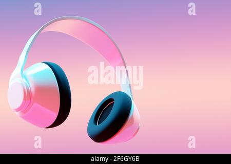 3d illustration of white retro headphones  on  pink  isolated background on neon lights. Headphone icon illustration Stock Photo