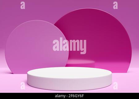 3d illustration of a  white  scene from a circle with round arch at the back on a  pink  background. A close-up of a round monocrome pedestal. Stock Photo