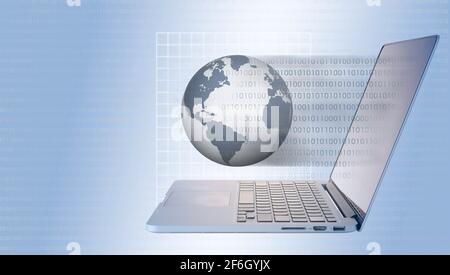 Globe and laptop with binary code Stock Photo