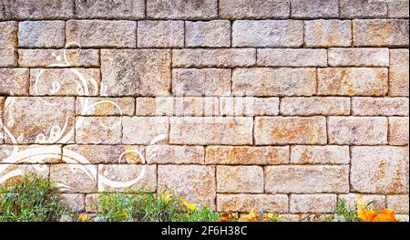 Background backgrounds template yellow gray rough grunge stone wall brick wall sandstone coarse surface flat even material texture brick country house Stock Photo