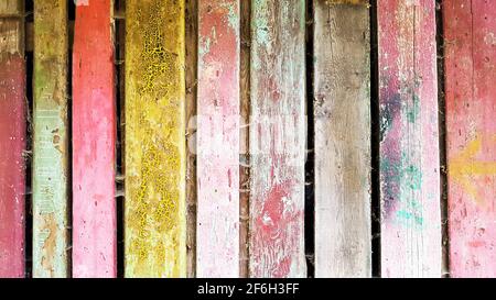 Wood boards, barn crate colorful paint colored peeled off old worn out used, chabby chic vintage, cobwebs, retro, simple beauty wooden environment Stock Photo