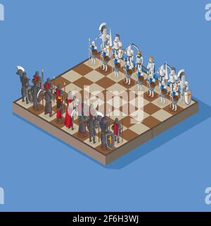 vector illustration of Chessboard with armored human figures in isometric view Stock Vector