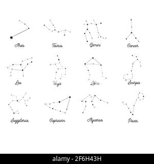 Zodiac constellations collection with titles. 12 shining zodiacal star ...