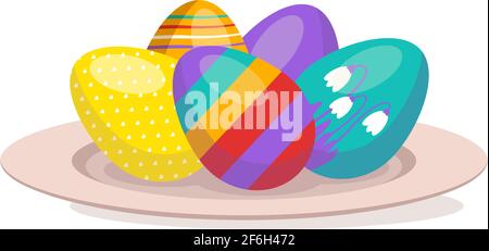 Multicoloured Easter eggs with pattern lie on a plate. Happy Christian religious holiday and traditions.  Stock Vector