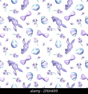 Easter eggs and cute rabbit seamless pattern tile on white background. Watercolor Easter wrapping tissue swatch. Spring holiday pastel print for home Stock Photo