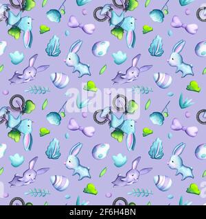 Easter eggs and cute rabbit seamless pattern tile on violet background. Watercolor Easter wrapping tissue swatch. Spring holiday gentle print for home Stock Photo