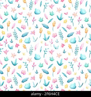 Spring flowers and leaves seamless pattern square tile on white background. Spring floral paper decor. Pastel flower and leaf seamless pattern swatch Stock Photo