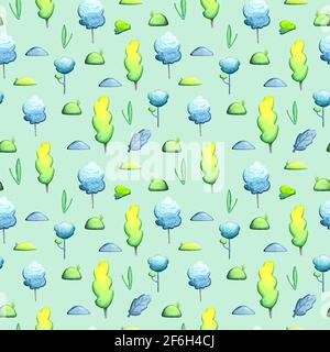 Spring tree and floral seamless pattern square tile on green background. Spring or summer garden wrapping paper. Green forest watercolour pattern swat Stock Photo