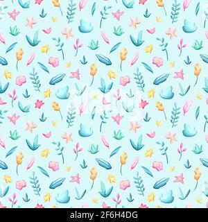 Spring flowers and leaves seamless pattern square tile on blue background. Spring floral paper decor. Pastel flower and leaf seamless pattern swatch f Stock Photo