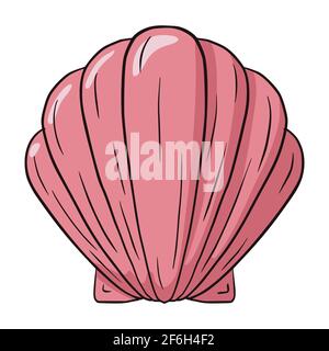 Sea shell doodle outline iluustration. Inhabitant of the seabed, cockleshell for logo, icons, postcards, tattoo. Pink conch flat style isolated on white background Stock Vector
