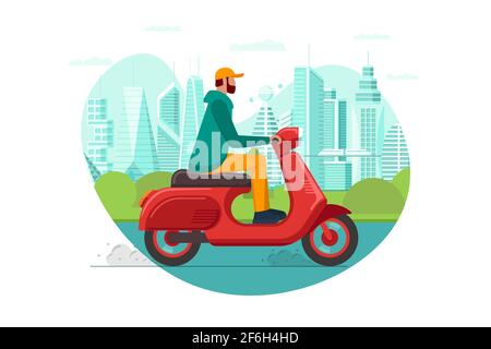 Male hipster riding retro style scooter on modern city park road. Millennial man drives red moped on street. Guy vintage motorcycle driver. Boy on bike active life vector eps illustration Stock Vector