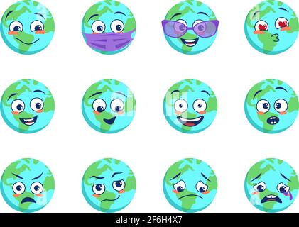 Earth planet icons set with different emotions, medical mask and goggles. World Earth Day Stock Vector