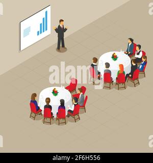 isometric round table meeting set up vector illustration Stock Vector