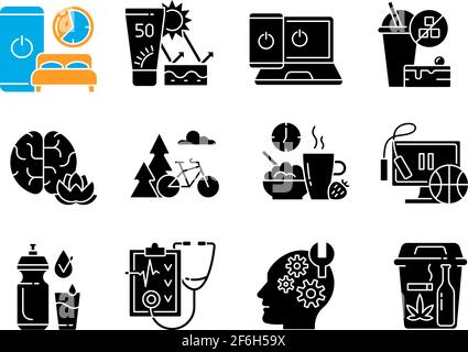 Healthy activity black glyph icons set on white space Stock Vector