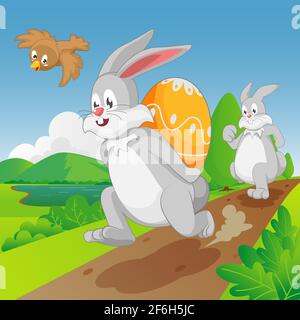 Easter rabbit running carrying easter egg background Stock Vector