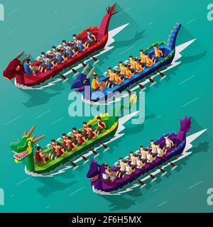 isometric view dragon boat race festival vector Stock Vector