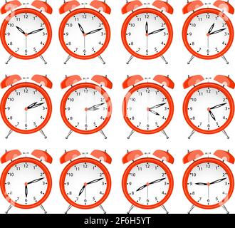 Table clock with different times. 12 hours. Day. Alarm clock. Small red clock. Call. Countdown. Vector illustration. Stock Vector