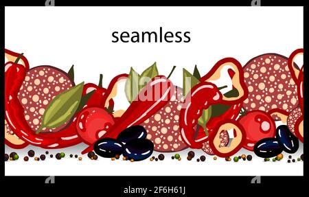 Spice seamless border. Assorted spices. Kitchen theme. Cooking. Kitchen textiles design. Vector illustration. Stock Vector