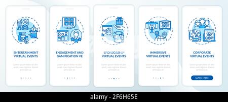 Remote events types onboarding mobile app page screen with concepts Stock Vector