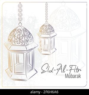 Eid al fitr greeting card with hand drawn arabic lamp vector background Stock Vector