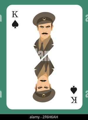 King of Spades. Handsome man with mustache, wearing military cap in retro style, isolated on white background Stock Vector