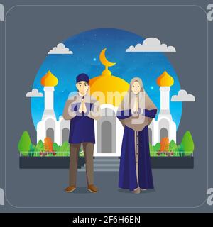 eid al fitr greetings card with muslim couple in front of mosque Stock Vector