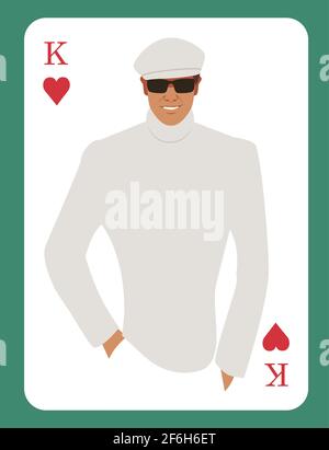 King of Hearts. Stylish young man model smiling, wearing sunglasses, beret and chic retro style clothes. Isolated on white background Stock Vector