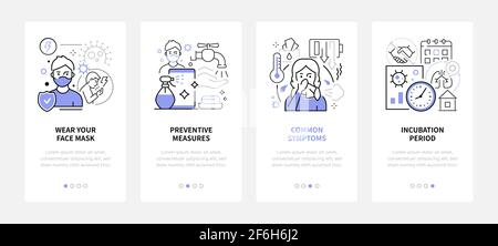 Coronavirus Disease - line design style web banners with copy space for text. Wear face masks, preventive measures, common symptoms, incubation period Stock Vector
