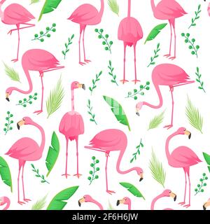 Flamingo seamless pattern with leaves Stock Vector