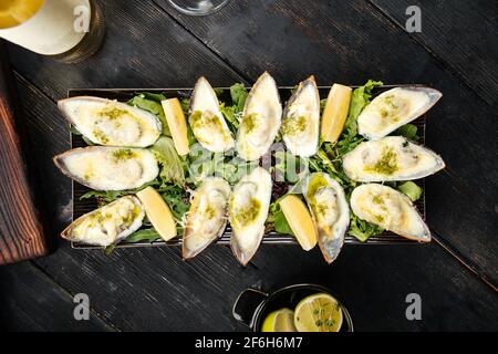 Top view on fresh oysters appetizer platter Stock Photo