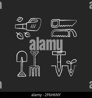 Garden instruments chalk white icons set on black background Stock Vector