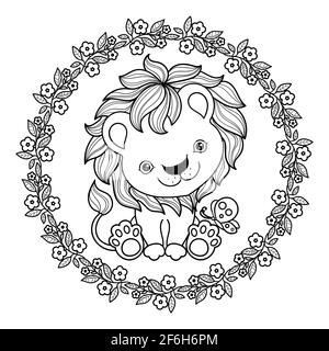 Cute cartoon lion cub in a round frame of flowers. Linear drawing. Vector Stock Vector