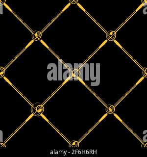 Vector painterly lattice braid weave and scribbled circle joints pattern. Seamless interlace background. Elegant criss cross gold black backdrop Stock Vector