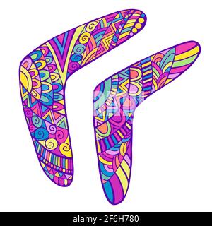 Colorful Set of decorative boomerang, isolated on white. Bright doodle style each boomerang with original ornament. Boomerang primitive weapon on a wh Stock Vector