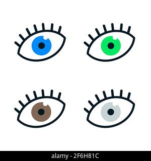 Eye colors set. Realistic eyeballs get. Different colored eyes: brown, blue, green, grey. Stock Vector