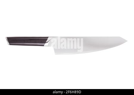Carving knife with wooden handle isolated on white background. Kitchen knife for carving cooked meat into slices. Stock Photo