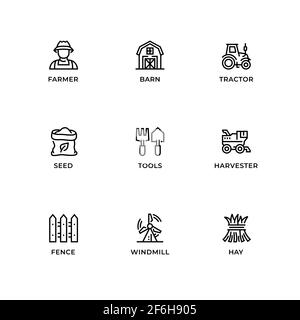 Vector set of design elements, logo design template, icons and badges for farming. Line icon set, editable stroke. Stock Vector