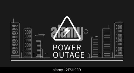 Black power outage banner with a triangular warning sign and the white outline of the city. Editable stroke. EPS 10. Stock Vector