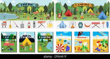 Big camping set. Equipment for Hiking, mountaineering and camping-a set of icons and infographics. Tree house, tent, camping utensils, backpack and Stock Vector
