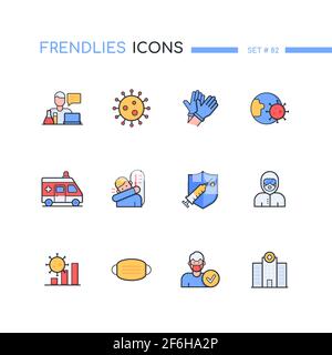 Pandemic - colorful line design style icons set. Infectious disease idea. Laboratory, gloves, virus shedding, ambulance, symptoms, vaccine, protective Stock Vector