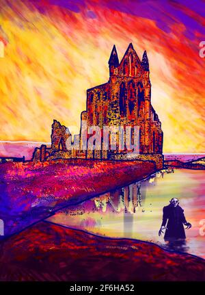 Mixed-media art illustration of Nosferatu Dracula vampire wading ashore after his shipwreck, with ruins of Whitby Abbey in background. Suit book cover Stock Photo