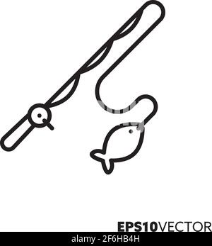 Fishing rod with hooked fish line icon. Angling outline symbol. Outdoor pursuit and  equipment vector illustration. Stock Vector