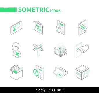Unemployment and crisis - modern line isometric icons set. HR and job search idea. Fired sign, no money in a purse, house for rent, rejected resume, o Stock Vector