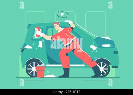 Male worker washes car with mop Stock Vector